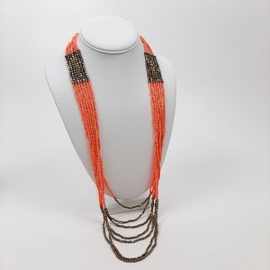 Seed Bead Multi Strand Orange and Gold Necklace